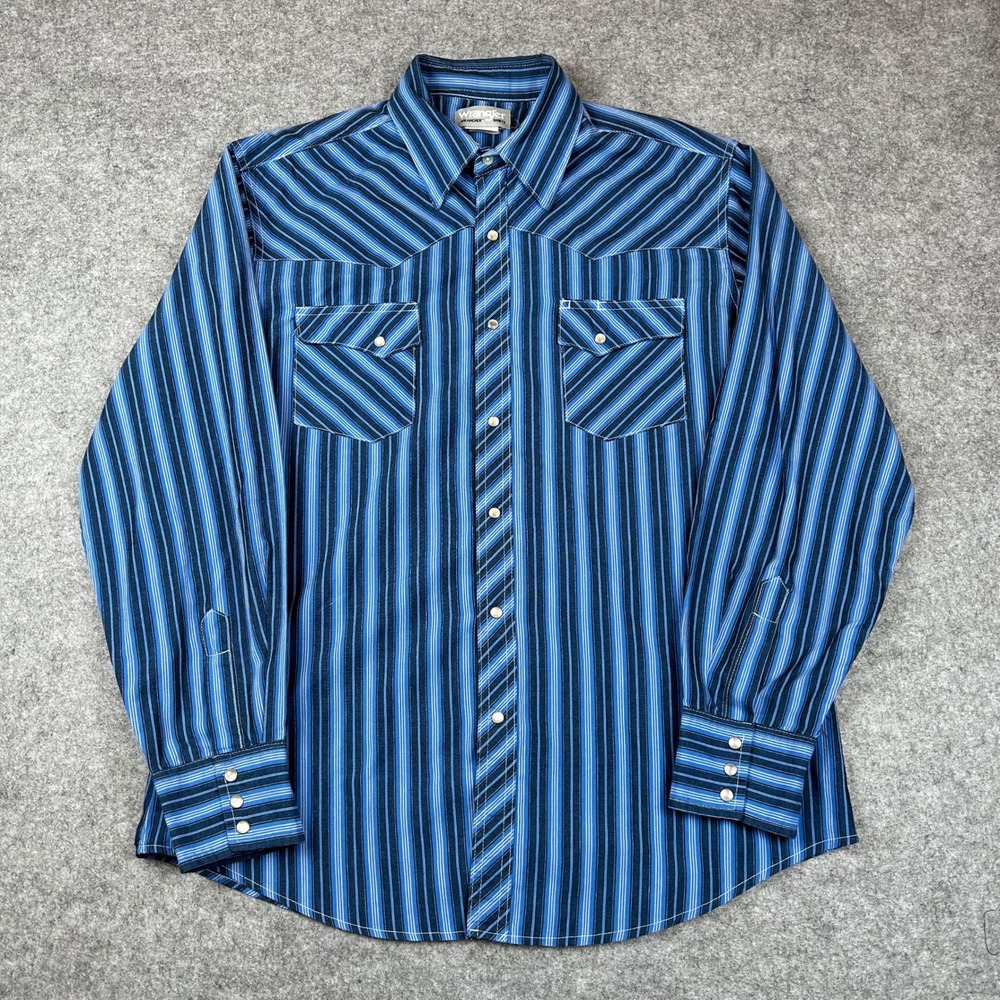 Vintage Wrangler Wrancher Mens XL Pearl Snap Shirt Blue Striped Western Cowboy